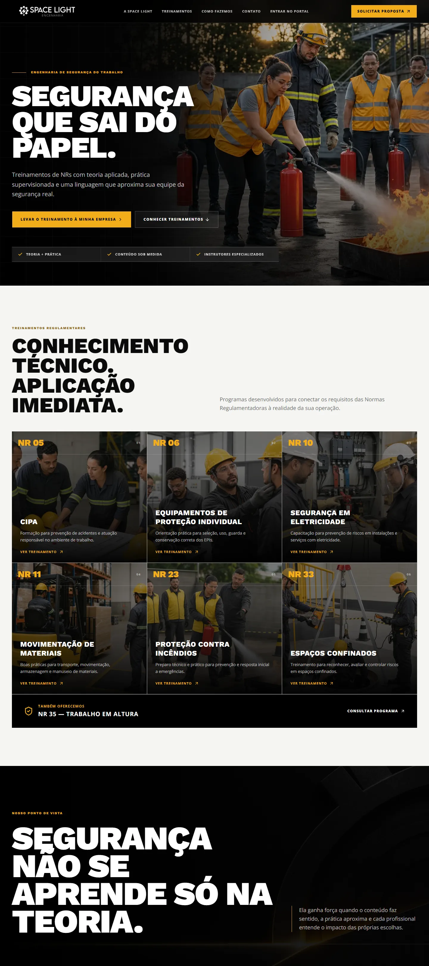 Página inicial do site da Space Light Engenharia, com o título “Segurança que sai do papel” sobre a foto de um treinamento com extintores de incêndio.